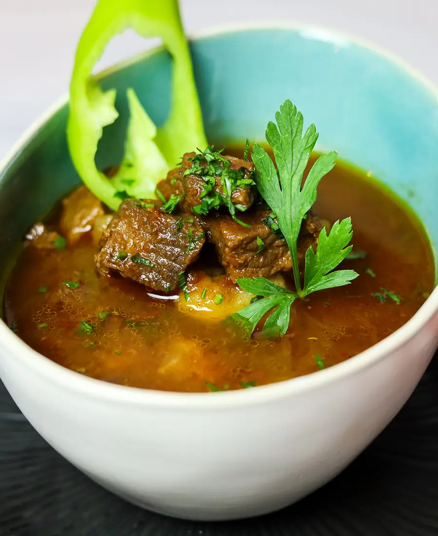 Gulyásleves — traditional Hungarian goulash soup at Borlabor Budapest