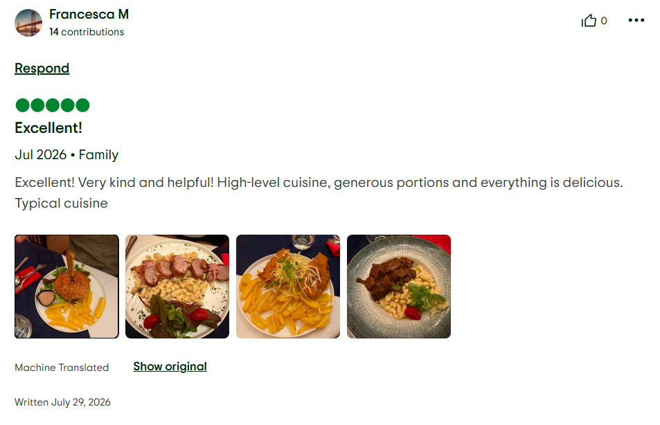 Tripadvisor review by Francesca M: Excellent! High-level cuisine, generous portions.