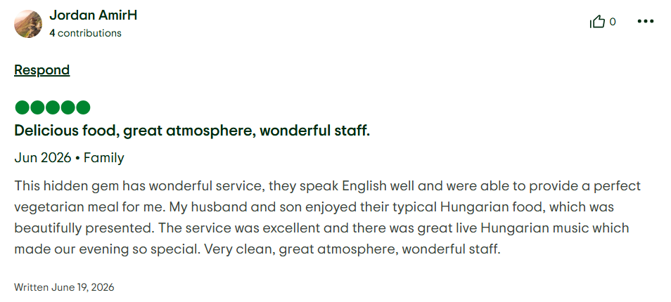 Tripadvisor review by Jordan AmirH: Delicious food, great atmosphere, wonderful staff.