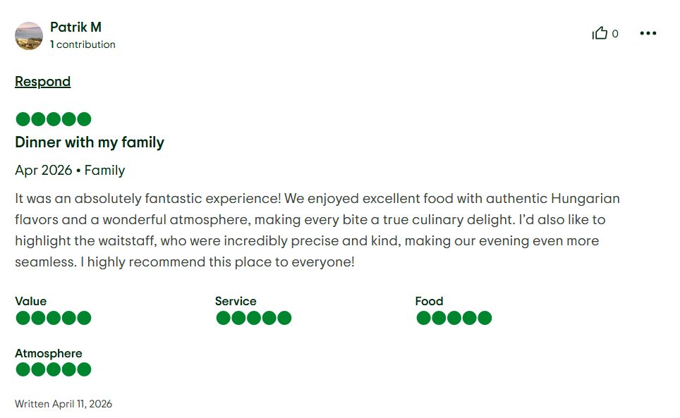 Tripadvisor review by Patrik M: Dinner with my family — authentic Hungarian flavours.